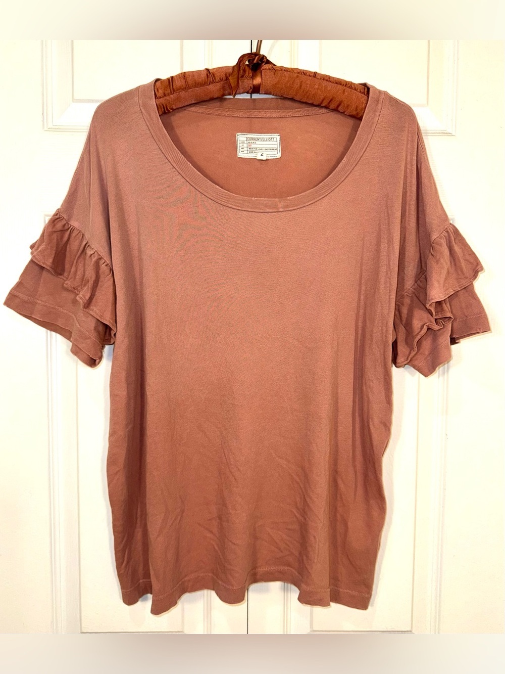 Current/Elliott The Ruffle Roadie Tee Burlwood Pink Ruffle Sleeve Size 2 Medium